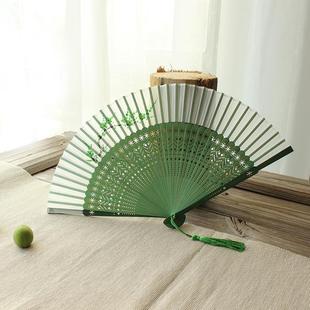 青梅手绘日式y和风女式扇子中国风，折扇竹柄扇扇真丝扇子