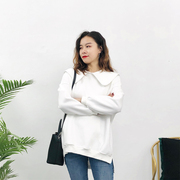 韩版甜美白色卫衣女2021春季时尚百搭娃娃领中长款口袋上衣潮