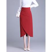 红色包臀半身裙女中长款直筒裙2024显瘦限步裙时尚高腰一步裙