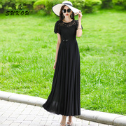 中国风新中式黑色蕾丝拼接连衣裙女2024时尚气质收腰短袖长裙