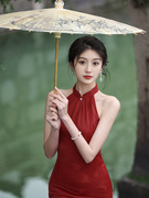 改良旗袍2023年年轻性感，无袖少女夏季日常红色连衣裙中式晨袍