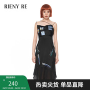 rienyre连衣裙女秋冬款黑色印花吊带裙，高级法式收腰时尚气质a字裙