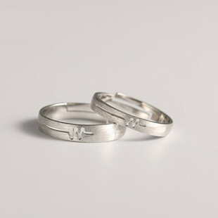 小张的故事S925纯银饰品简约唯美拉丝素银心电图情侣对戒戒指指环