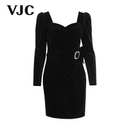 VJC/威杰思秋冬女装法式方领连衣裙气质高腰包臀短裙