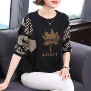 中年妈妈长袖t恤大码女装，纯棉春秋季蝙蝠衫，洋气烫钻小衫黑色上衣