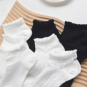 10双蕾丝花边袜子女纯棉短袜，白色透气可爱日系小熊jk黑色夏季薄款