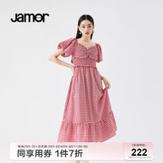 jamor气质方领连衣裙，红格子裙子夏蝴蝶结，甜美中长连衣裙
