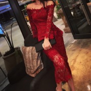 XuLu定制流行枫叶红色镂空蕾丝连衣裙性感显瘦一字肩礼服裙子