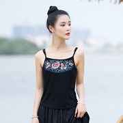 新中式百搭国潮民族风女装，重工刺绣花修身显瘦黑色，吊带衫小背心棉