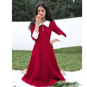 juju定制法式复古红色中长裙，收腰显瘦翻领，撞色七分袖连衣裙春秋女