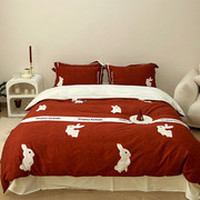 数码印花长绒棉1.8被套床上用品全棉四件套小兔高端轻奢大红100支