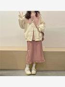 秋冬套装女学生韩版日系粉格衬衫+灯芯绒半身裙+开衫外套三件套