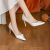 小众法式主婚纱婚鞋新娘，鞋网纱珍珠绸缎，白色高跟鞋尖头细跟礼服鞋