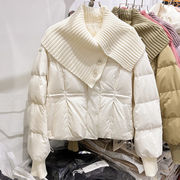 2023年时尚韩国纯色毛线翻领拼接加厚保暖短款棉服女冬季
