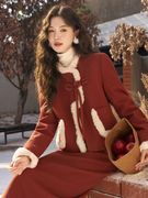 新中式国风两件套装秋冬小香风毛绒拼接外套+半身裙新年战袍