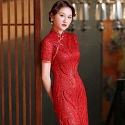 婚礼妈妈礼服2021旗袍高贵中国风盘扣修身显瘦红色新娘婆婆礼服