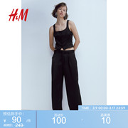 HM女装西裤春季气质通勤舒适斜纹布高腰直筒长裤1107363