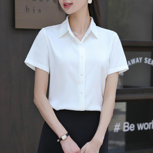 雪纺短袖衬衫女夏季韩版学生面试工作，白色宽松垂感职业正装衬衣