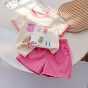 女童夏季套装甜美可爱印花撞色短袖t恤宝宝纯色休闲短裤两件套潮