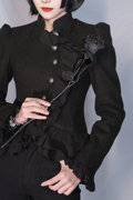 CANDYPINK黑色立领短款西服上衣女秋设计感小众荷叶边百搭短外套