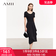 Amii2024夏季长裙短袖法式收腰花苞连身裙子V领雪纺连衣裙