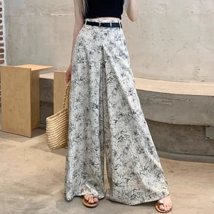 阔腿裤女夏季2024韩版高腰，垂感显瘦时尚，复古印花雪纺拖地裙裤