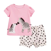 女童斑马T恤宝宝短袖上衣休闲短裤2件套儿童纯棉夏装粉红半袖套装