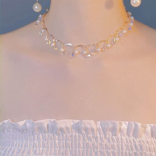 巴洛克天然淡水珍珠项链，女夏轻奢小众高级水晶，珍珠颈链短款锁骨链
