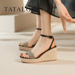 TATA LORY女鞋2024法式一字带坡跟厚底高跟鞋女夏季草编凉鞋