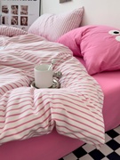 纯色玫红撞色粉条纹大眼刺绣水洗，棉四件套少女1.8×2.2米被套床单