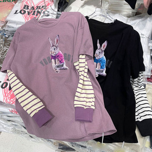 欧货早春条纹拼接假两件宽松大版紫粉色圆领长袖T恤女卡通兔子潮
