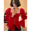 韩版衬衫2023女装春季红色复古方领长袖小众，设计感修身上衣女