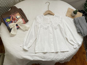 女童春款童装中小童宝宝，白色棉布大翻领，蕾丝边长袖衬衫衬衣上衣