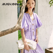 magyann紫色梦境法式气质款纽扣，抽带拼色边连衣裙收腰短袖a字