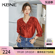 红色衬衫女短袖kbne2024夏季法式上衣330311101