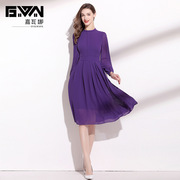 紫色雪纺长袖连衣裙，秋季2022简约大方优雅气质，收腰显瘦a字裙