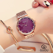 GUOU钢带女士手表时尚简单水钻表盘女表石英钢带女款欧美学院手表