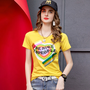 潮牌1212欧洲站女装夏季时尚体恤纯棉短袖女t恤修身黄色上衣