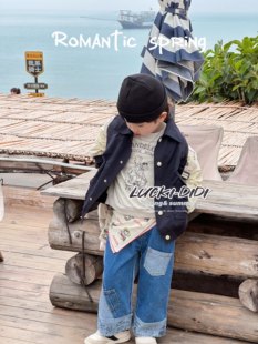 LUCKI KIDS韩国童装春季男童卡通棒球服薄外套卡通卫衣拼接牛仔裤