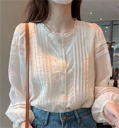 2024春季韩版设计感灯笼袖蕾丝，花边长袖衬衫，女高级感小衫上衣