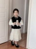 韩版儿童上衣24春女童，洋气黑色小花马甲，米色中长款雪纺连衣裙