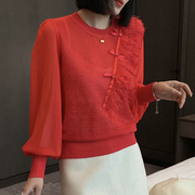 年服氛围感本命年红色蕾丝衫年会设计感洋气上衣遮肚子小衫