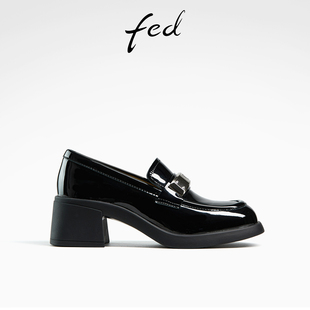fed黑色小皮鞋，春季女鞋一脚蹬粗跟单鞋，乐福鞋女款d0224-ya360