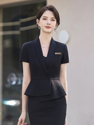 黑色短袖西装外套女夏季正式场合职业套装酒店前台工作装西服套裙