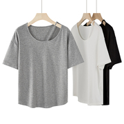 白色莫代尔棉短袖t恤女夏心机(夏心机，)拼接设计感小众宽松中长款上衣