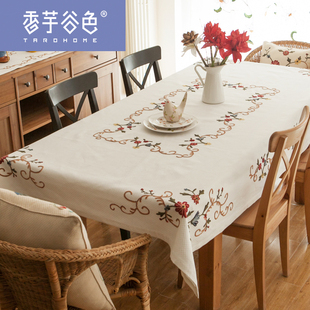 鲁绣田园棉麻布艺餐桌布现代简约手工刺绣茶几布长方形盖布台布