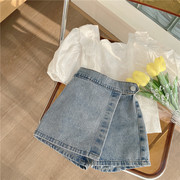 女童套装2023夏季韩版女孩，甜美花边镂空衬衫假两件牛仔短裤
