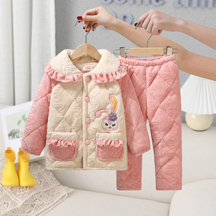 冬季女童法兰绒三层加厚夹棉睡衣，套装女宝中大童，珊瑚绒亲子家居服