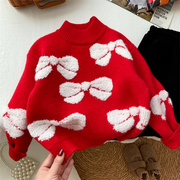女童毛衣小童秋冬洋气红色半高领针织衫新年外穿2岁356保暖打底衫