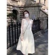 韩系茶歇白色无袖连衣裙女2024年夏季法式小个子显瘦背心裙子
